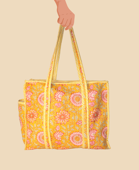 Quilted Yellow Flower Print Tote Bag – Stylish, Spacious & Durable