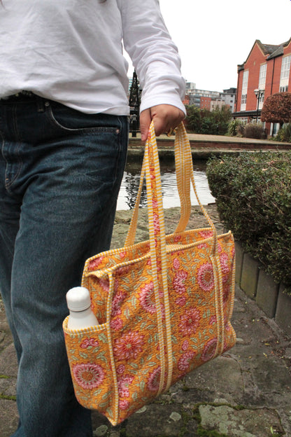 Quilted Yellow Flower Print Tote Bag – Stylish, Spacious & Durable