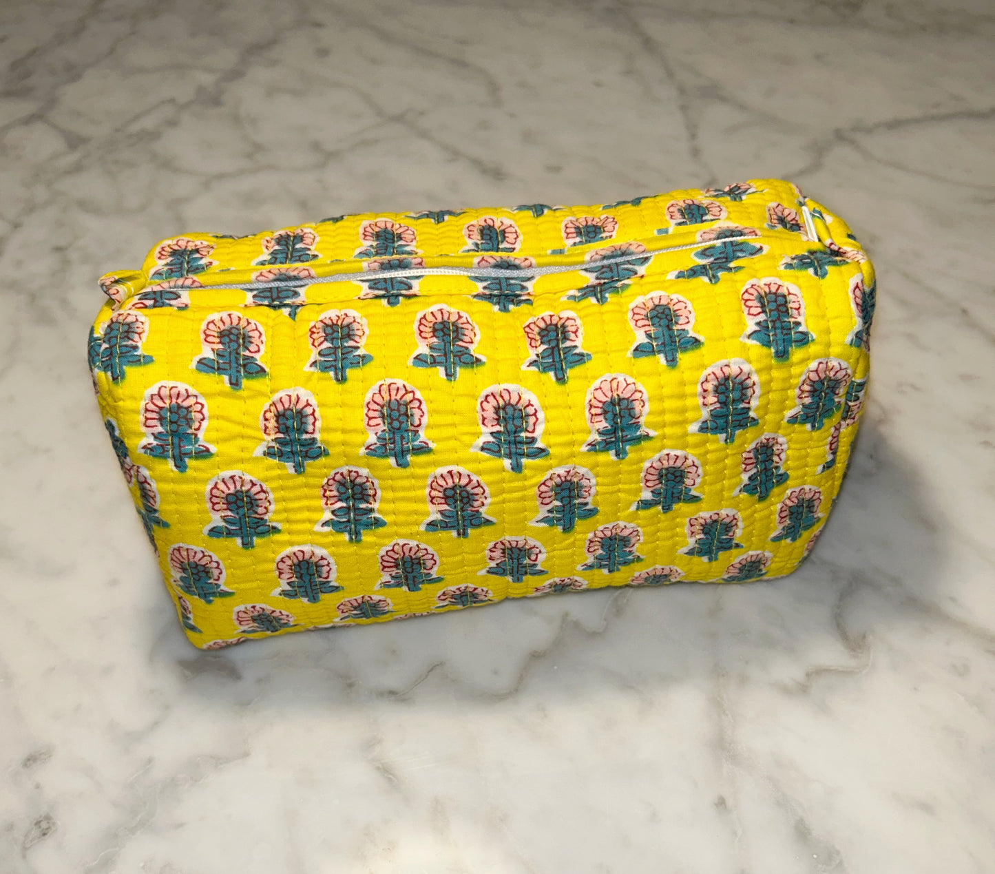 Unique Quilted Toiletry & Makeup Bag – Waterproof Interior, 3-Size Options, Model: Yellow Floral