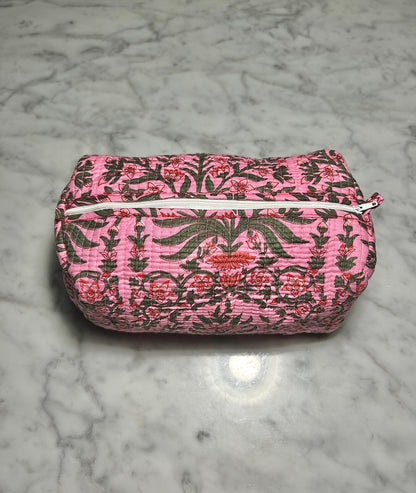 Quilted Toiletry & Makeup Bag - Waterproof Interior, 3-Size Options - Model: Pink Floral