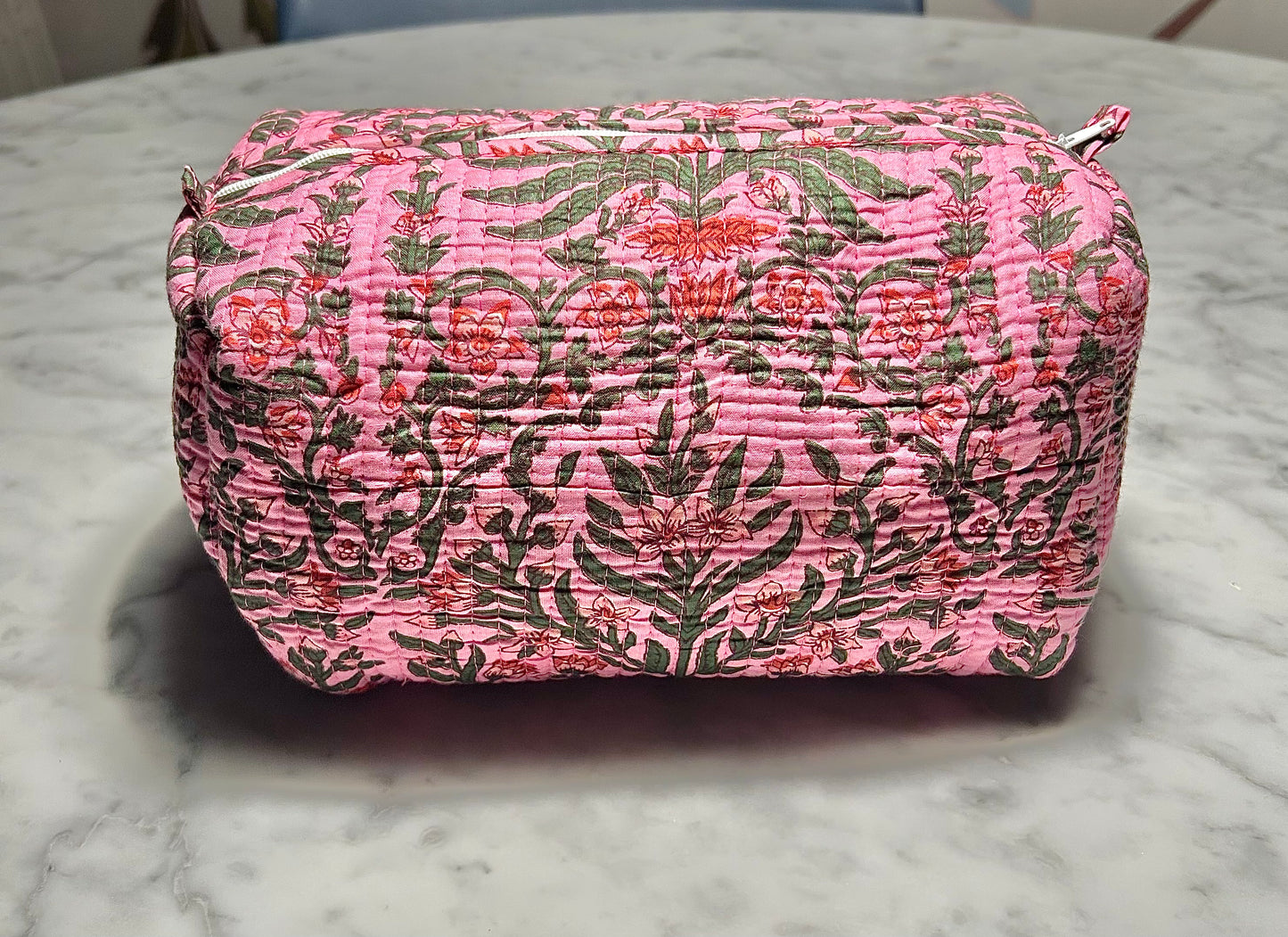 Quilted Toiletry & Makeup Bag - Waterproof Interior, 3-Size Options - Model: Pink Floral