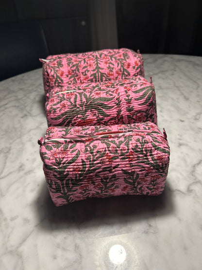 Quilted Toiletry & Makeup Bag - Waterproof Interior, 3-Size Options - Model: Pink Floral