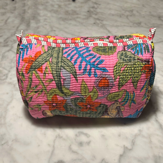 Unique Quilted Toiletry & Makeup Bag – Waterproof Interior, 3-Size Options, Model: Pink Jungle