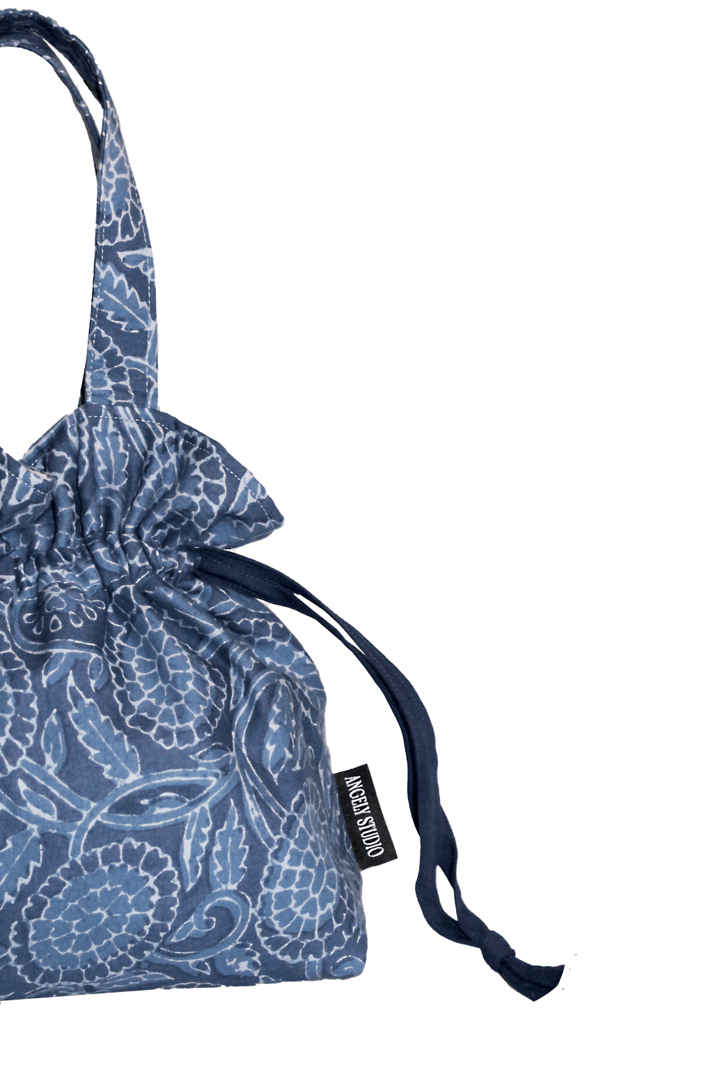 Side of Blue flower patterned drawstring bag of Angely Studio