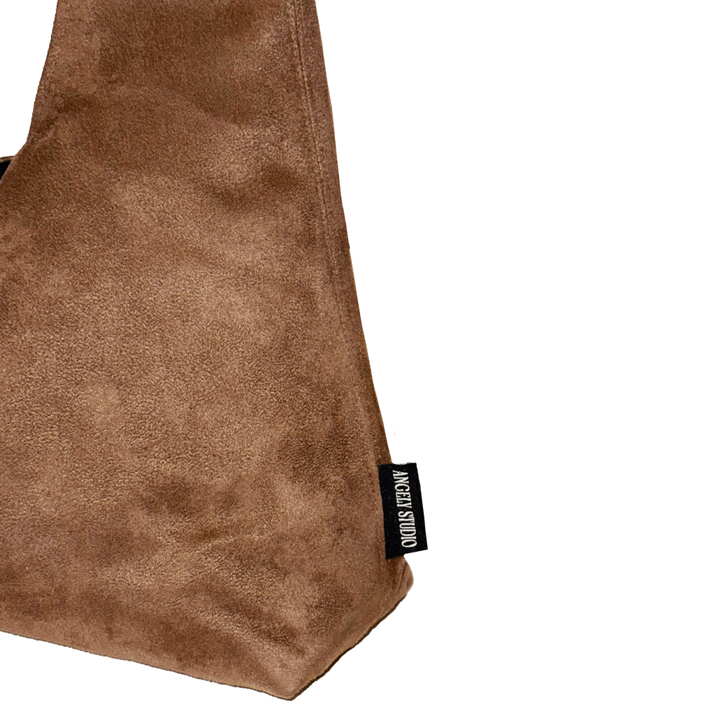 Brown suede bag side view by Angely Studio