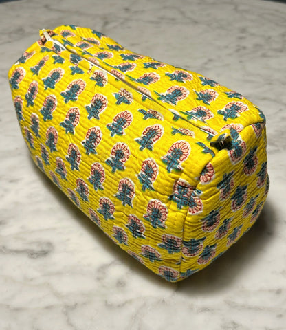 Unique Quilted Toiletry & Makeup Bag – Waterproof Interior, 3-Size Options, Model: Yellow Floral