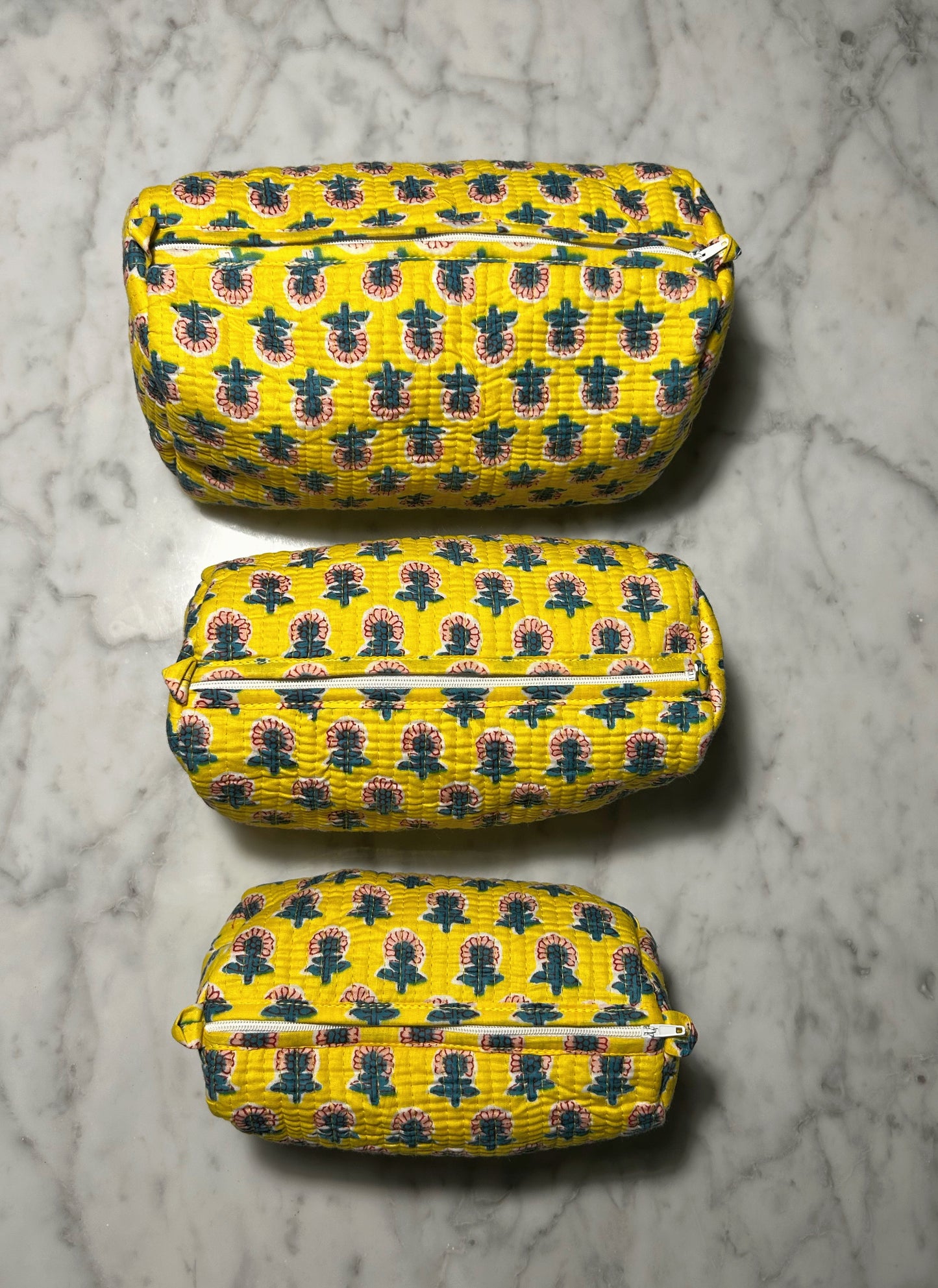 Unique Quilted Toiletry & Makeup Bag – Waterproof Interior, 3-Size Options, Model: Yellow Floral